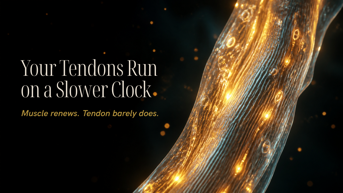 Translucent Achilles tendon glowing gold beside the title "Your Tendons Run on a Slower Clock", PEMF for tendon health