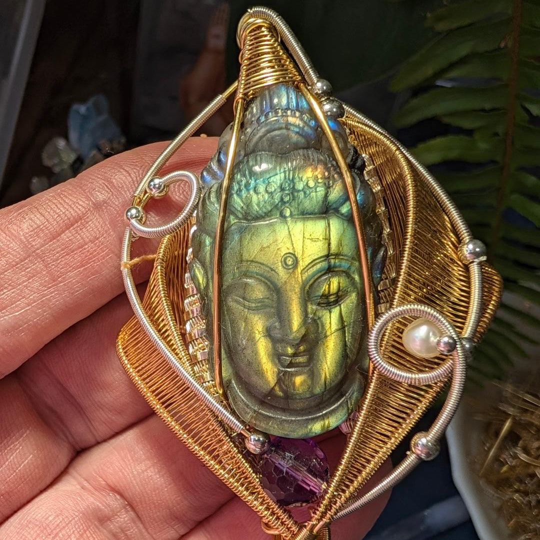 LABRADORITE BUDDHA + AMETHYST AMULET