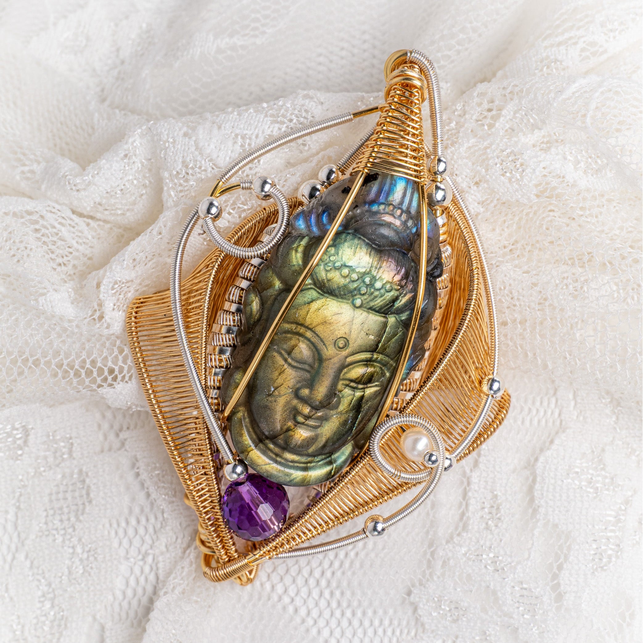 LABRADORITE BUDDHA + AMETHYST AMULET